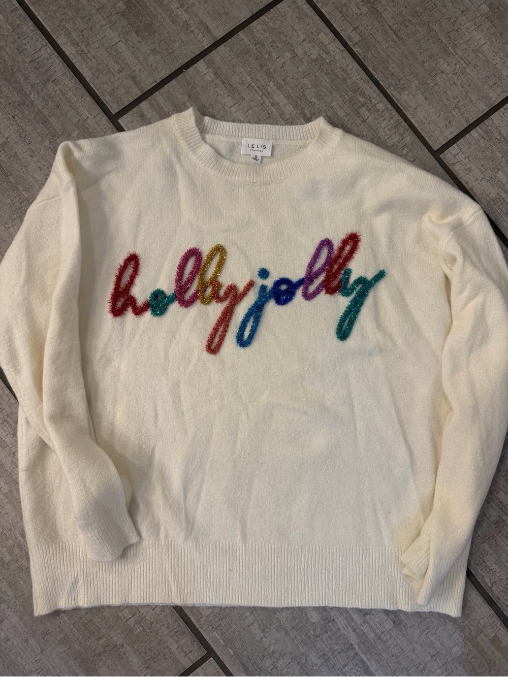 Le Lis Cream Crewneck Sweater with Multicolor 'holly jolly' Script